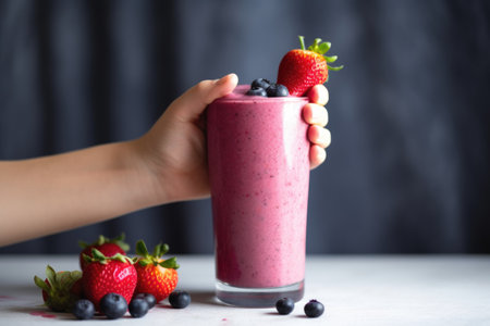 hand holding up a glass of berry smoothie to natural light, created with generative aiの素材