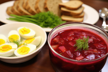 borscht with a side of pickles and hard-boiled eggs, created with generative aiの素材