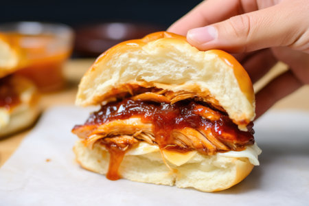 adding a slice of cheese in bourbon bbq chicken bun, created with generative aiの素材