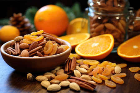 mixed nuts, orange peel, and cinnamon sticks for festive snacks, created with generative aiの素材