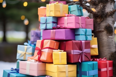 close-up of a pile of colorful gift boxes stacked in a tree shape, created with generative aiの素材