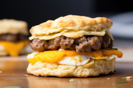 a close-up of a sausage and egg biscuit sandwich, created with generative aiの素材
