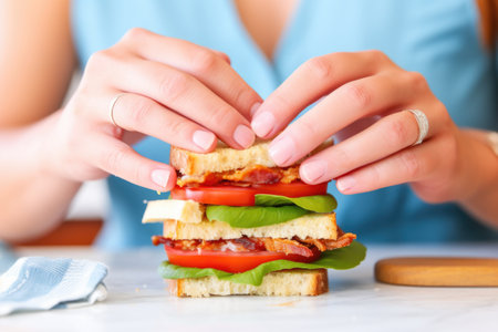 hand adjusting the toasted bread on top of a classic blt breakfast sandwich, created with generative aiの素材