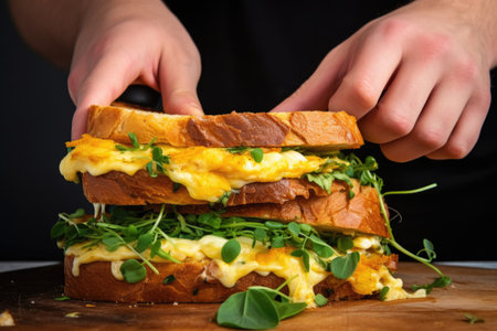hand pulling apart a cheesy omelette sandwich demonstrating the melted cheese, created with generative aiの素材