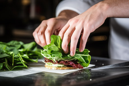 close-up of a chefs hand placing a fresh leaf of lettuce onto a sandwich, created with generative aiの素材