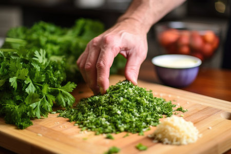 hand placing a sprig of parsley on broccoli rice, created with generative aiの素材