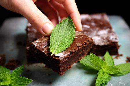 a hand placing a mint leaf on top of a chocolate brownie, created with generative aiの素材