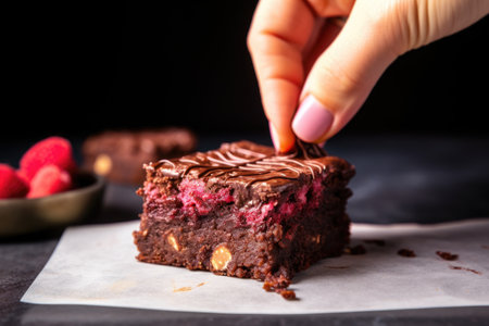 hand placing a single raspberry on top of a square of brownie, created with generative aiの素材
