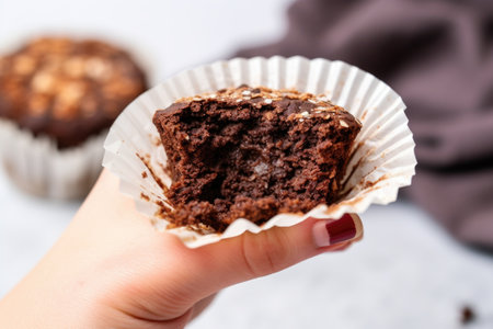 womans hand holding a muffin liner filled with baked brownie, created with generative aiの素材