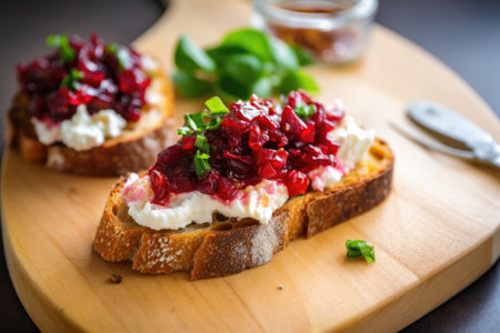 spreading goat cheese on a toasted bread slice, created with generative aiの素材