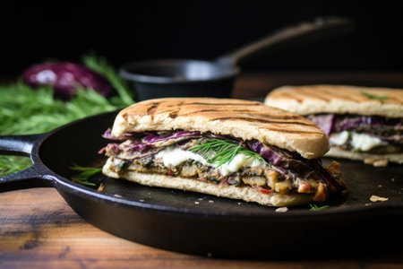 homemade eggplant burger being flipped on a cast iron skillet, created with generative aiの素材