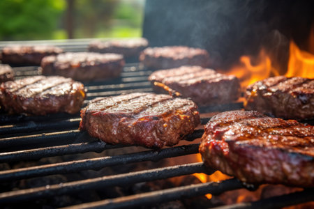 multiple burger patties flipping in succession on a large grill, created with generative aiの素材