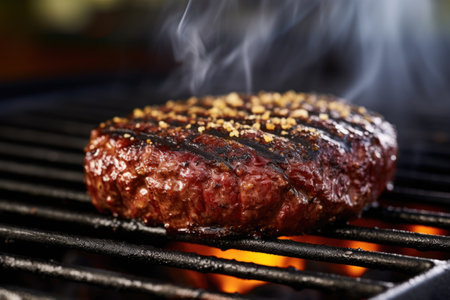 close up of burger patty flipped on a smoky grill, created with generative aiの素材