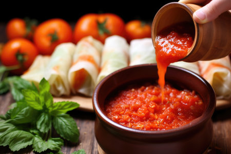 hand pouring tomato sauce onto freshly rolled cabbage, created with generative aiの素材