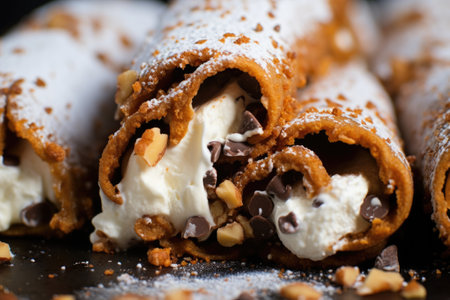 close-up shot of cannoli filling, showing ricotta texture, created with generative aiの素材