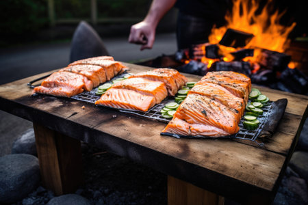 salmon fillets on a cedar plank, next to a bbq pit, created with generative aiの素材