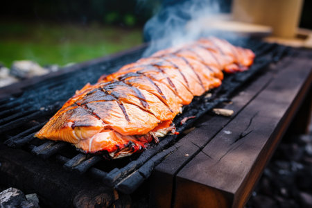 close-up of salmon skin grilling on a cedar plank, created with generative aiの素材