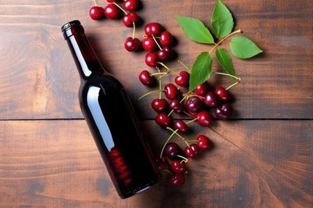top view of a bottle of cherry cola alongside cherries, created with generative aiの素材