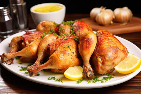 serving freshly cooked chicken legs basted with garlic butter on a white plate, created with generative aiの素材