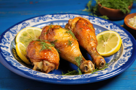 chicken legs coated in yellow garlic butter on a blue plate, created with generative aiの素材