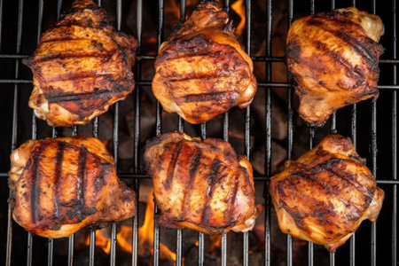 overhead shot of chicken thighs on a grill, fully cooked, created with generative aiの素材