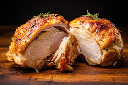 halved chicken thigh showcasing its thoroughly cooked interior, created with generative aiの素材