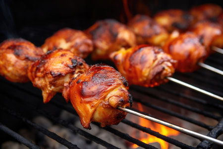 close-up of turning coated chicken drumsticks on the grill, created with generative aiの素材