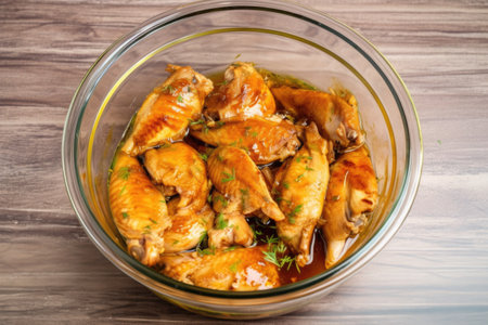 chicken wings marinating in a glass bowl, created with generative aiの素材