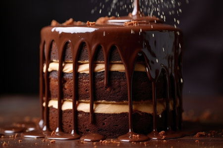 close-up shot of a chocolate ganache dripping on a cake, created with generative aiの素材
