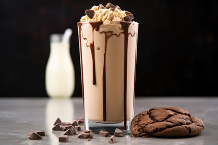 chocolate milkshake with a chocolate cookie on top, created with generative aiの素材