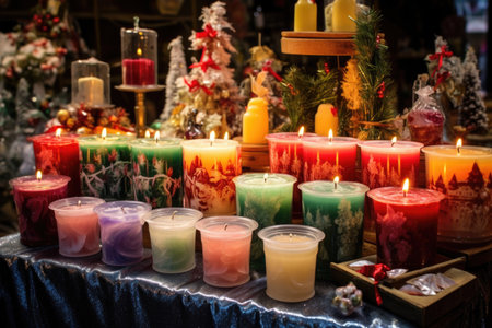 stall selling assorted christmas themed candles, created with generative aiの素材