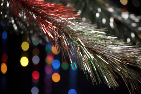 sparkling tinsel draped over a branch of a pine tree, created with generative aiの素材