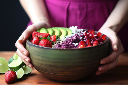 acai bowl being spritzed with lime by a hand, created with generative aiの素材
