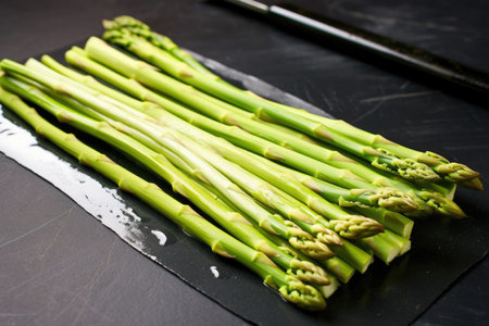 crisp asparagus spears laid side-by-side on a slate tile, created with generative aiの素材