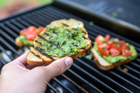 hand toasting bread slice on a grill for avocado bruschetta, created with generative aiの素材