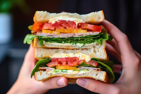 hand holding a sliced half of a baguette sandwich, created with generative aiの素材