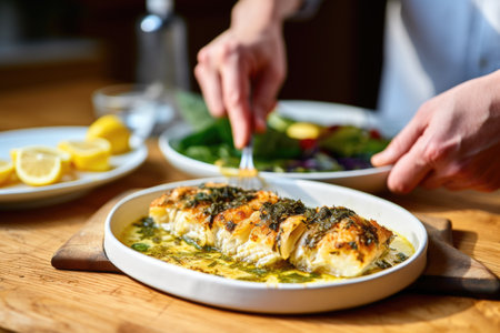 hand serving a superbaked lemon cod onto a wooden dining table, created with generative aiの素材