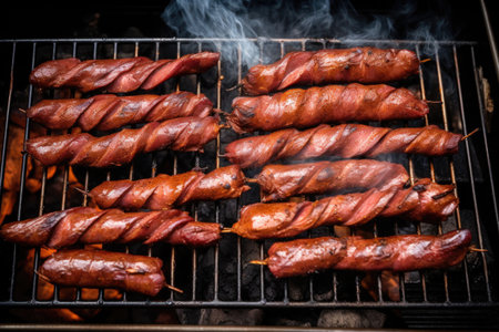overhead view of smoky sausages on a bbq pit, created with generative aiの素材