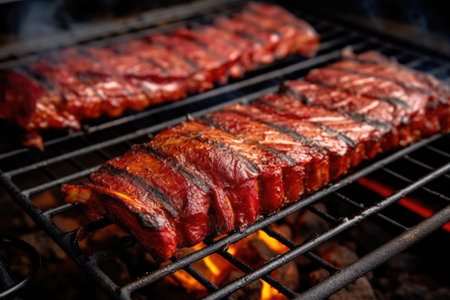 smoked ribs with special bbq sauce sitting on a grill, created with generative aiの素材