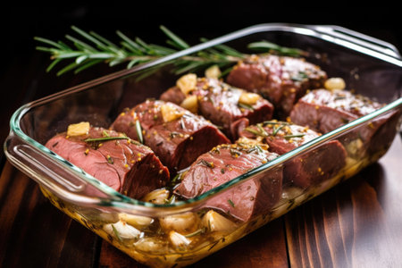 beef roast with whole garlic and rosemary in a glass baking dish, created with generative aiの素材