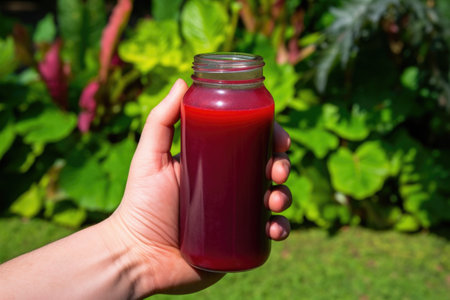 hand holding a bottle filled with beetroot and carrot juice over a green garden backdrop, created with generative aiの素材
