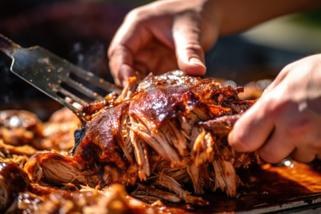 hand setting down a filled fork of bbq pulled pork, created with generative aiの素材