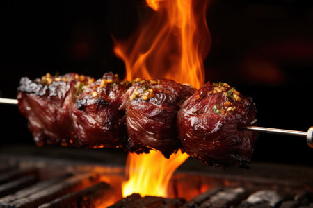 beef brisket skewered on metal rod above flame, created with generative aiの素材