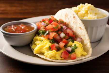 breakfast taco with scrambled eggs, cheese, and salsa, created with generative aiの素材