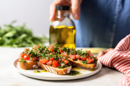 holding bruschetta with arugula next to olive oil bottle, created with generative aiの素材