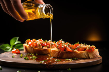 hand pouring honey from glass bottle onto bruschetta, created with generative aiの素材