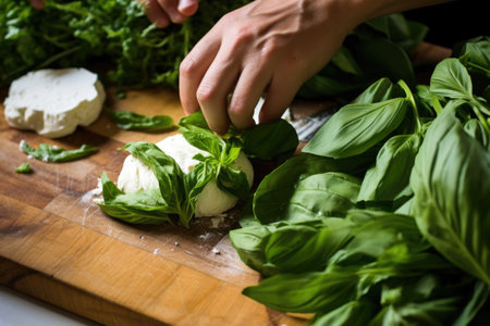 carefully placing leaves of fresh basil on a ricotta bruschetta, created with generative aiの素材