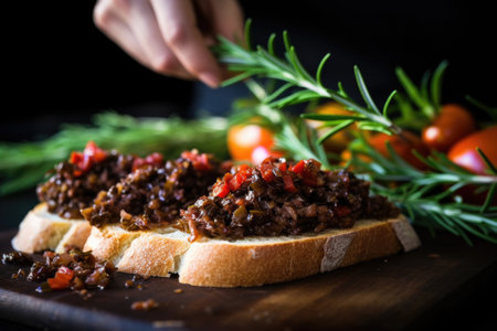 pressing sprig of rosemary on bruschetta covered in tapenade by hand, created with generative aiの素材