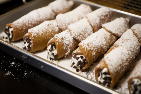 a tray of freshly filled cannoli with a dusting of powdered sugar, created with generative aiの素材