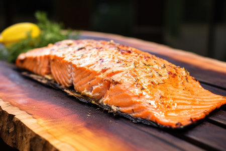close-up of seasoned salmon fillet on a cedar plank, created with generative aiの素材